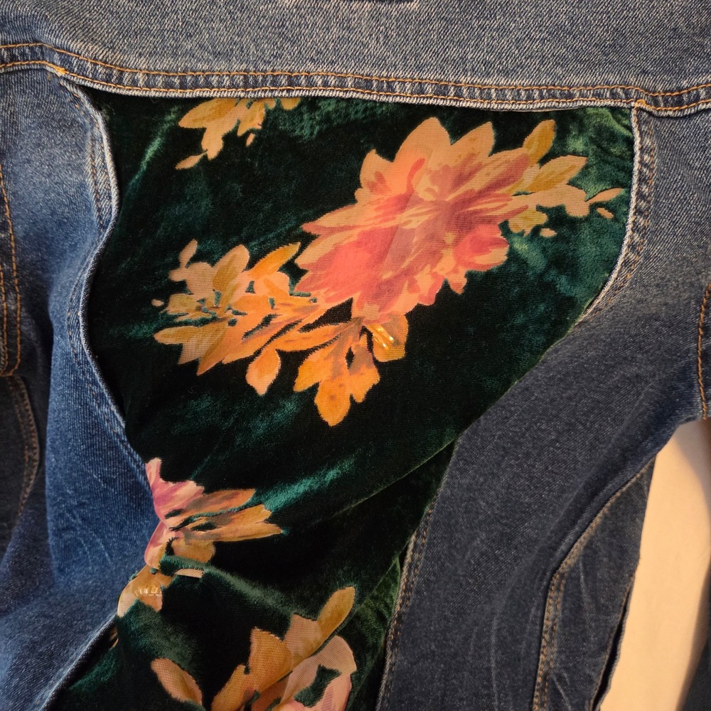 Upcycled Denim Jacket with Floral Sheer Green Panel Inlays Ruffled Sleeves XS - Picture 14 of 14